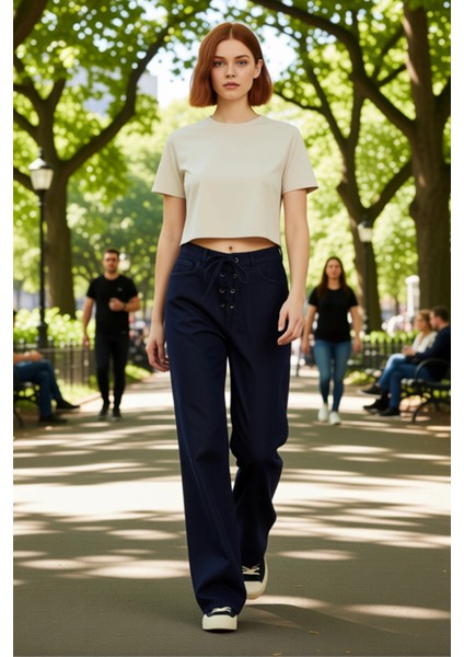 Kadin Koyu Baglama Detayli Wide Leg Denim Pantolon Fonksiyonel Dayanıklı Kaliteli Konforlu modelleri