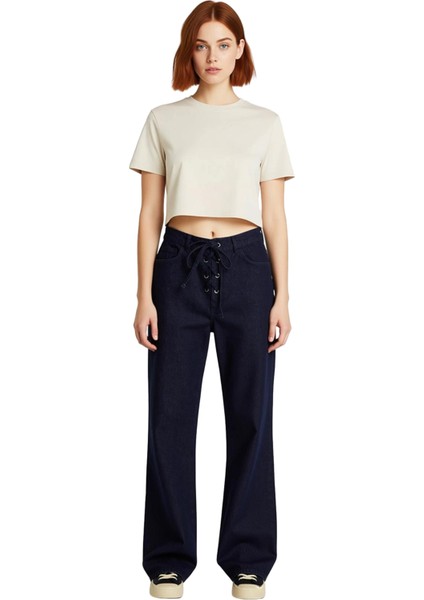 Kadin Koyu Baglama Detayli Wide Leg Denim Pantolon Fonksiyonel Dayanıklı Kaliteli Konforlu fırsatları