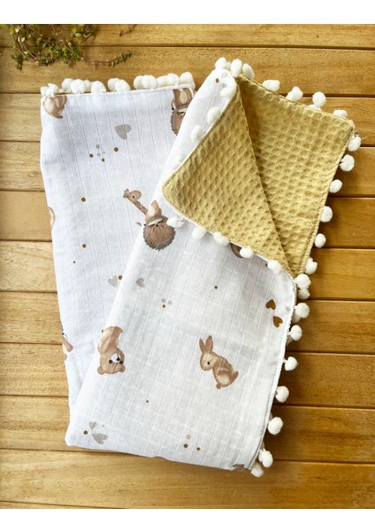 Tavşan Desenli Çift Katlı Müslin ve Waffle Kumaş Alt Açma , Yastık ve Battaniye 3'lü Set 40 x 70 Tek Ebat modelleri