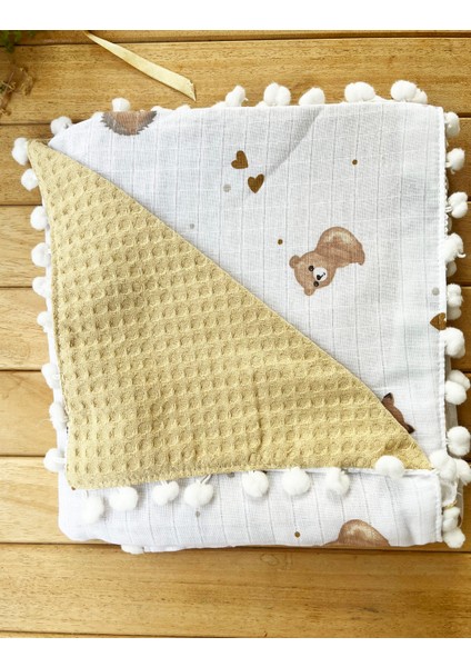 Tavşan Desenli Çift Katlı Müslin ve Waffle Kumaş Alt Açma , Yastık ve Battaniye 3'lü Set 40 x 70 Tek Ebat