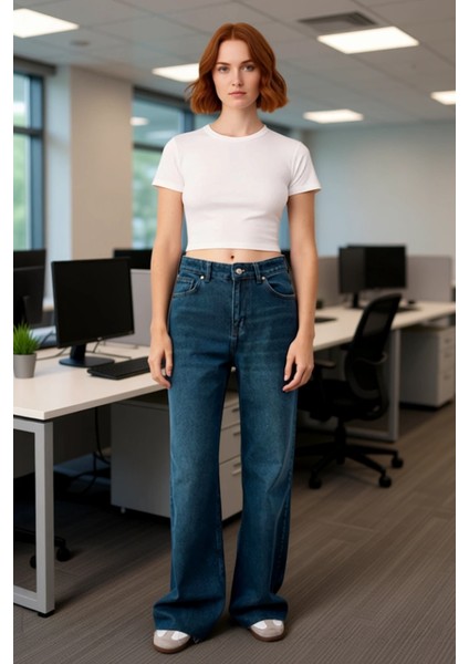 Koyu Yüksek Bel Geniş Paça Denim Kadın Pantolon Fonksiyonel Dayanıklı Kaliteli Konforlu Şık fiyatları