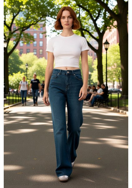 Koyu Yüksek Bel Geniş Paça Denim Kadın Pantolon Fonksiyonel Dayanıklı Kaliteli Konforlu Şık modelleri