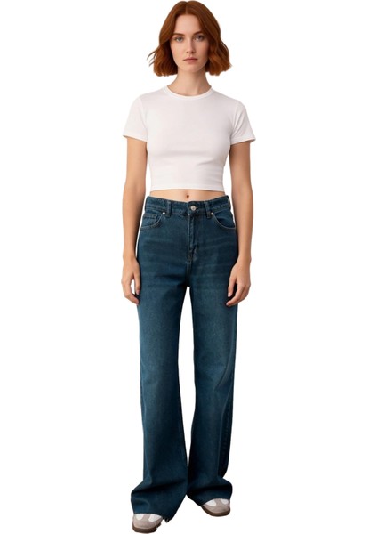 Koyu Yüksek Bel Geniş Paça Denim Kadın Pantolon Fonksiyonel Dayanıklı Kaliteli Konforlu Şık fırsatları