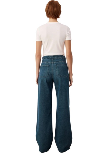 Koyu Yüksek Bel Geniş Paça Denim Kadın Pantolon Fonksiyonel Dayanıklı Kaliteli Konforlu Şık indirimleri