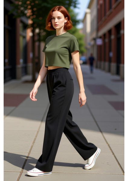 Kadın Geniş Paça Nervürlü Esnek Örme Pantolon Fonksiyonel Dayanıklı Kaliteli Konforlu Spor