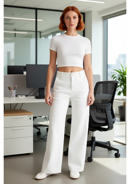 Kadın Düğmeli Yüksek Bel Bol Paça Kot Pantolon Fonksiyonel Dayanıklı Kaliteli Konforlu Şık