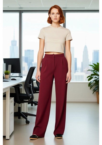 Kadın Dokuma Geniş Paça Pantolon Yüksek Bel Fonksiyonel Dayanıklı Kaliteli Konforlu Modern