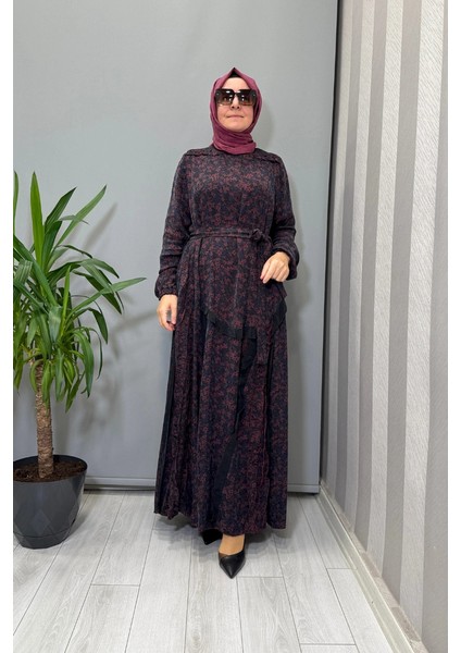 Çiçek Desenli Cupra Ipek Elbise Bordo 38829
