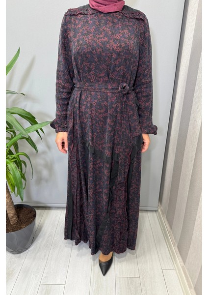 Çiçek Desenli Cupra Ipek Elbise Bordo 38829 fırsatları