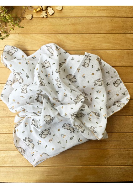 85X75CM Kenarı Oyalı Tavşan Desenli Tek Katlı %100 Pamuk Müslin Battaniye