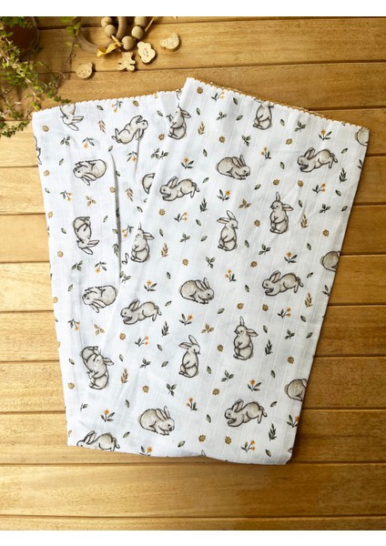 85X75CM Kenarı Oyalı Tavşan Desenli Tek Katlı %100 Pamuk Müslin Battaniye fiyatları