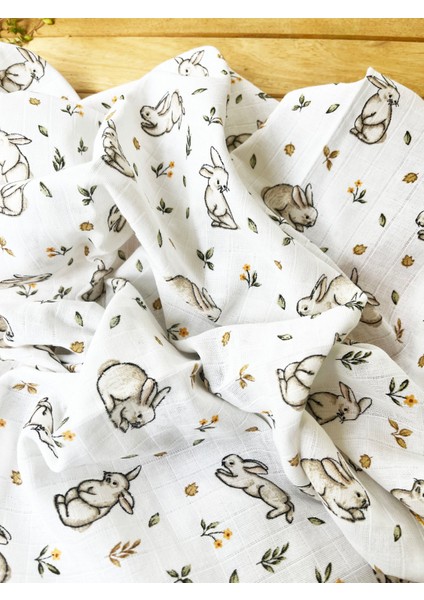 85X75CM Kenarı Oyalı Tavşan Desenli Tek Katlı %100 Pamuk Müslin Battaniye modelleri