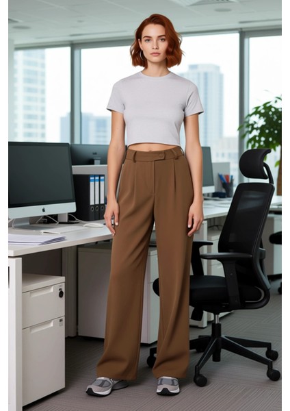 Kadın Düz Renk Geniş Paça Dokuma Pantolon Fonksiyonel Dayanıklı Kaliteli Konforlu Estetik Şık