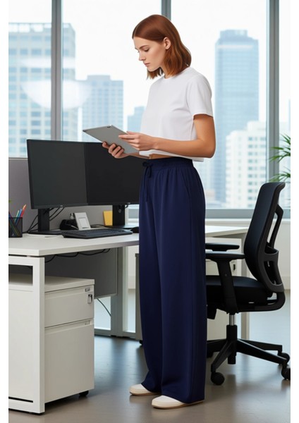 Kadın Düz Dokuma Geniş Paça Pantolon Fonksiyonel Dayanıklı Kaliteli Konforlu Estetik Rahat