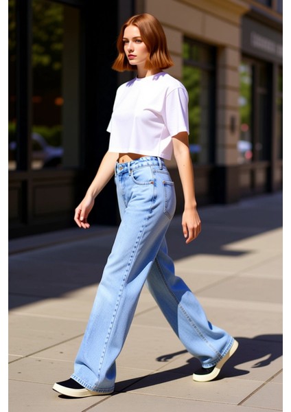 Kadın Geniş Paça Düşük Bel Denim Pantolon Fonksiyonel Dayanıklı Kaliteli Konforlu Estetik Şık