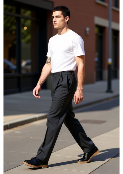 Erkek Antrasit Pileli Baggy Fit Kumaş Pantolon Fonksiyonel Dayanıklı Kaliteli Konforlu Şık