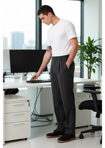 Erkek Antrasit Pileli Baggy Fit Kumaş Pantolon Fonksiyonel Dayanıklı Kaliteli Konforlu Şık fiyatları