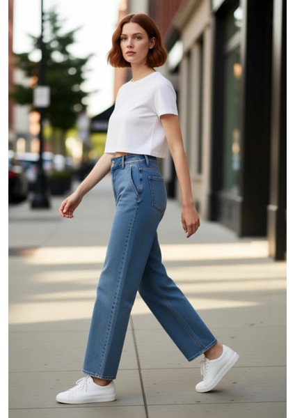 Kadın Yüksek Bel Comfort Straight Denim Pantolon Fonksiyonel Dayanıklı Kaliteli Konforlu Şık