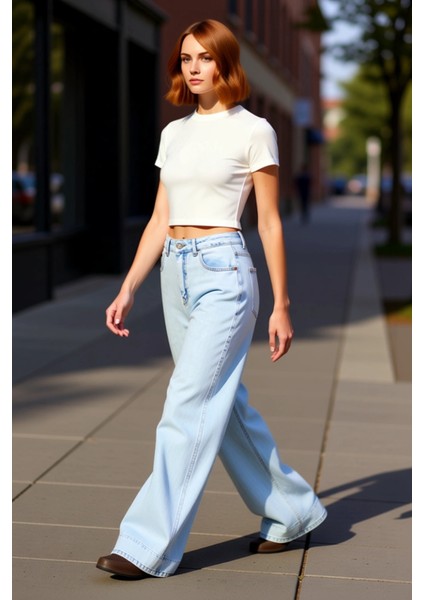 Kadın Açık Dikiş Detaylı Bol Kesim Jean Pantolon Fonksiyonel Dayanıklı Kaliteli Konforlu Şık