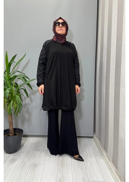 Kolu Kumaş ve Diliş Detaylı Tunik Siyah 38040