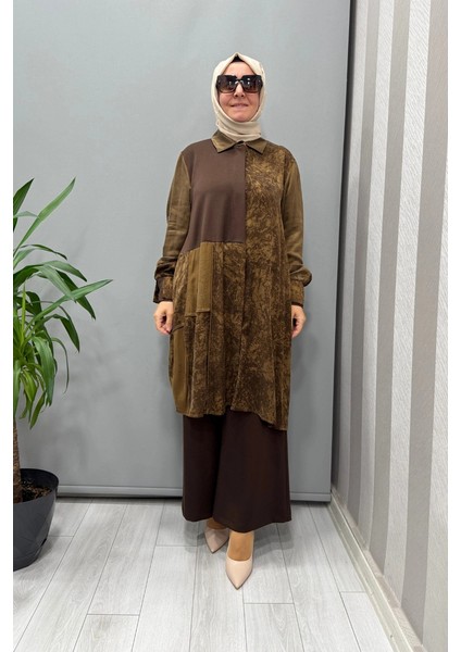 Desenli Parça Detaylı Ipek Gömlek Kahve 38303