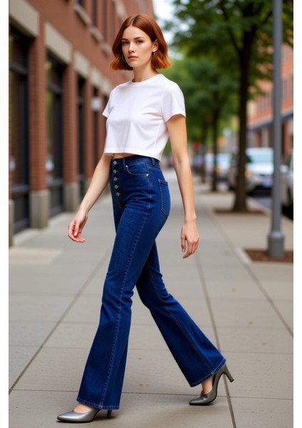 Kadın Yüksek Bel Düğmeli Flare Jean Pantolon Fonksiyonel Dayanıklı Kaliteli Konforlu Rahat