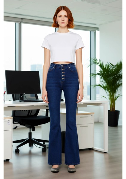 Kadın Yüksek Bel Düğmeli Flare Jean Pantolon Fonksiyonel Dayanıklı Kaliteli Konforlu Rahat fiyatları