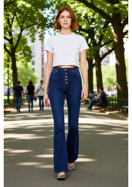 Kadın Yüksek Bel Düğmeli Flare Jean Pantolon Fonksiyonel Dayanıklı Kaliteli Konforlu Rahat modelleri