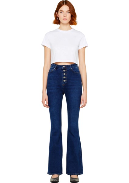 Kadın Yüksek Bel Düğmeli Flare Jean Pantolon Fonksiyonel Dayanıklı Kaliteli Konforlu Rahat fırsatları