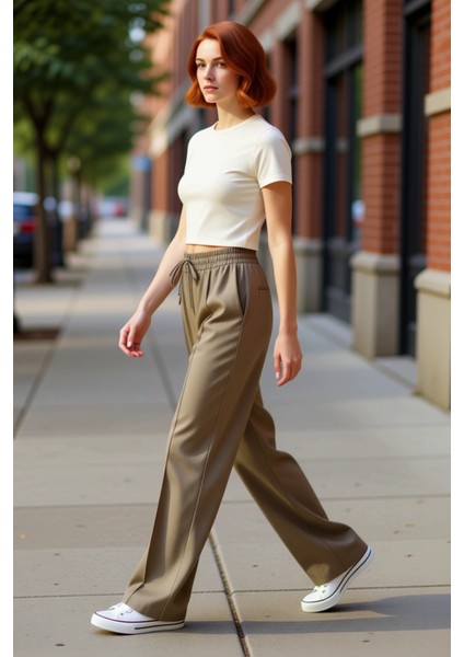 Kadın Geniş Paça Dokuma Pantolon Fonksiyonel Dayanıklı Kaliteli Konforlu Estetik Premium Şık
