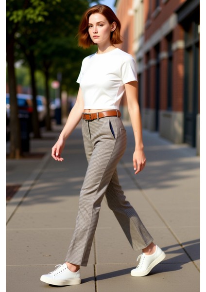 Kadın Yüksek Bel Ekose Desenli Flare Pantolon Fonksiyonel Dayanıklı Kaliteli Konforlu Spor