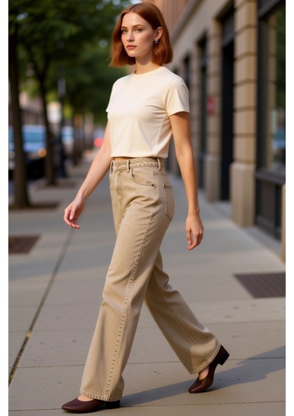 Kadın Vintage Yıkama Geniş Paça Jean Pantolon Fonksiyonel Dayanıklı Kaliteli Konforlu Spor