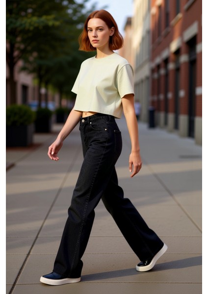 Kadın Yüksek Bel Wide Leg Denim Pantolon Fonksiyonel Dayanıklı Kaliteli Konforlu Estetik Şık