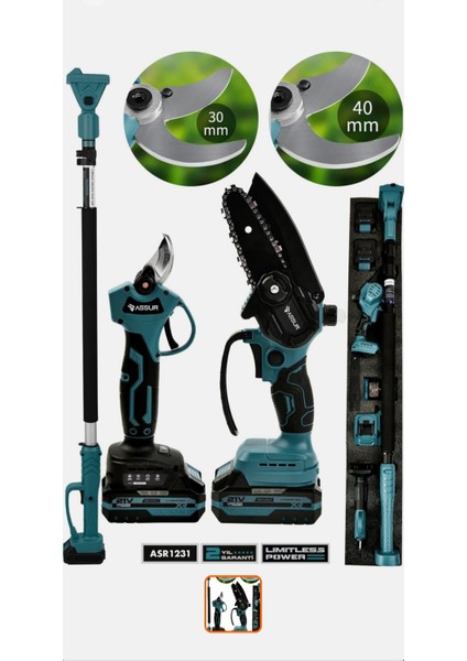 Profesyonel 3'lü Set 21V Çift Akülü Teleskopik Kollu Bağ Makası - Budama Makinesi