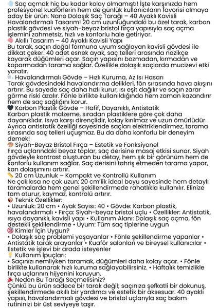 40 Ayak Nano Dolaşık Saç Açıcı Tarak, Karbon Plastik Gövde, Havalandırmalı Tasarım 722302