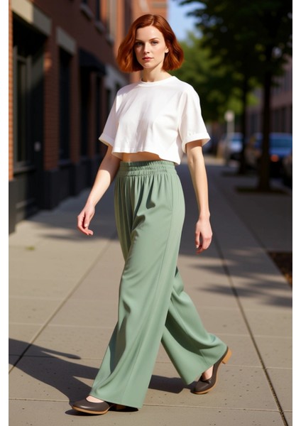 Kadın Haki Palazzo Pantolon Geniş Paça Dokuma Viskoz Fonksiyonel Dayanıklı Kaliteli Modern modelleri