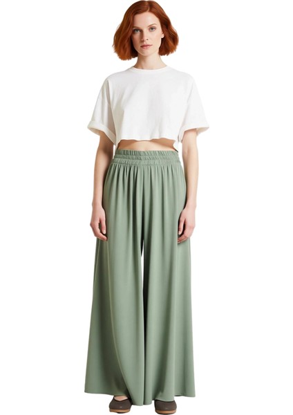 Kadın Haki Palazzo Pantolon Geniş Paça Dokuma Viskoz Fonksiyonel Dayanıklı Kaliteli Modern fırsatları