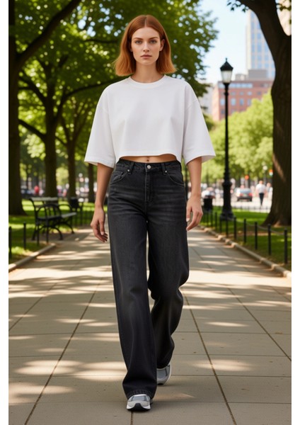 Kadın Antrasit Geniş Paça Denim Pantolon Fonksiyonel Dayanıklı Kaliteli Konforlu Estetik Şık modelleri