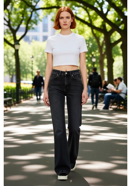 Kadın Antrasit Yüksek Bel Flare Denim Pantolon Fonksiyonel Dayanıklı Kaliteli Konforlu Şık modelleri