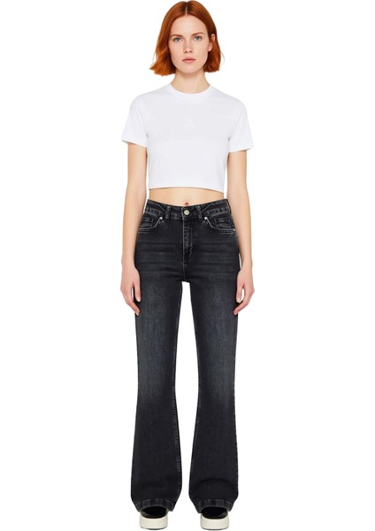 Kadın Antrasit Yüksek Bel Flare Denim Pantolon Fonksiyonel Dayanıklı Kaliteli Konforlu Şık fırsatları