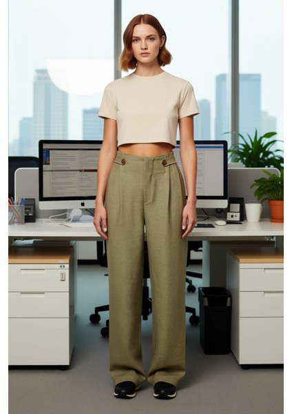 Kadın Haki Yüksek Bel Geniş Paça Dokuma Keten Görünümlü Pantolon Fonksiyonel Dayanıklı Şık