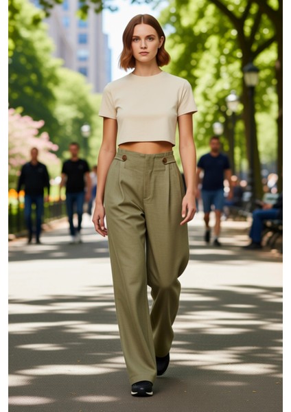 Kadın Haki Yüksek Bel Geniş Paça Dokuma Keten Görünümlü Pantolon Fonksiyonel Dayanıklı Şık fiyatları