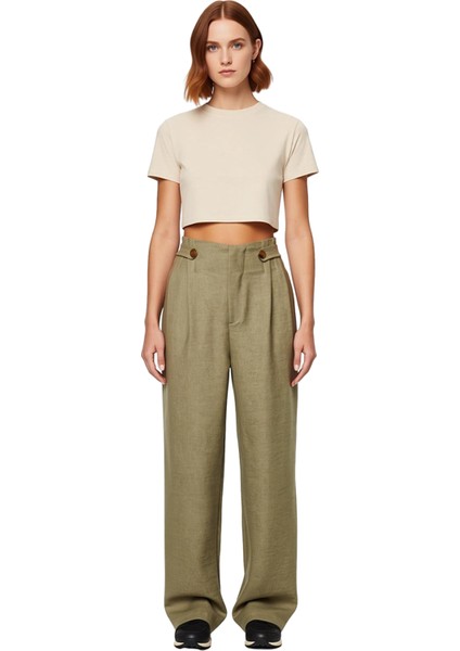 Kadın Haki Yüksek Bel Geniş Paça Dokuma Keten Görünümlü Pantolon Fonksiyonel Dayanıklı Şık fırsatları