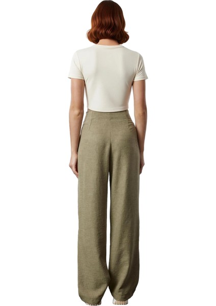 Kadın Haki Yüksek Bel Geniş Paça Dokuma Keten Görünümlü Pantolon Fonksiyonel Dayanıklı Şık indirimleri