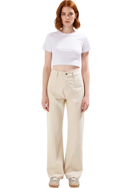 Kadın Geniş Paça Dikiş Detaylı Jean Fonksiyonel Dayanıklı Kaliteli Konforlu Estetik Modern