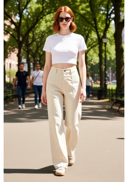 Kadın Geniş Paça Dikiş Detaylı Jean Fonksiyonel Dayanıklı Kaliteli Konforlu Estetik Modern fırsatları