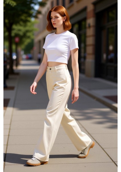 Kadın Geniş Paça Dikiş Detaylı Jean Fonksiyonel Dayanıklı Kaliteli Konforlu Estetik Modern indirimleri