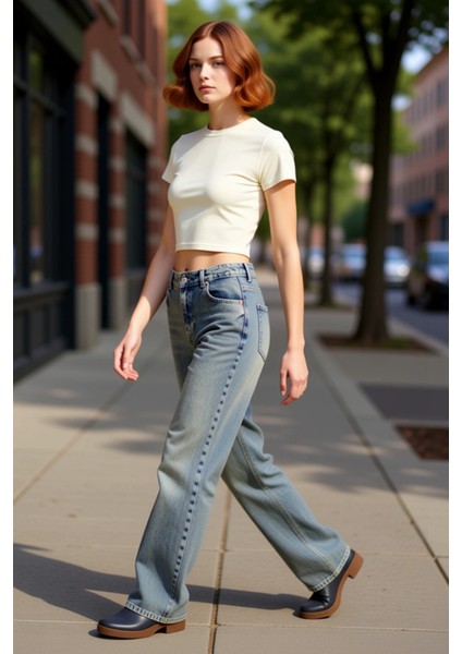 Kadın Vintage Yıkama Efektli Straight Kesim Jean Pantolon Fonksiyonel Dayanıklı Kaliteli Şık