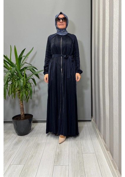 Fermuar Detaylı Jakarlı Cupra Ipek Elbise Lacivert 38835