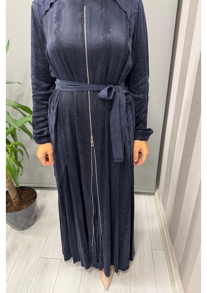 Fermuar Detaylı Jakarlı Cupra Ipek Elbise Lacivert 38835 modelleri